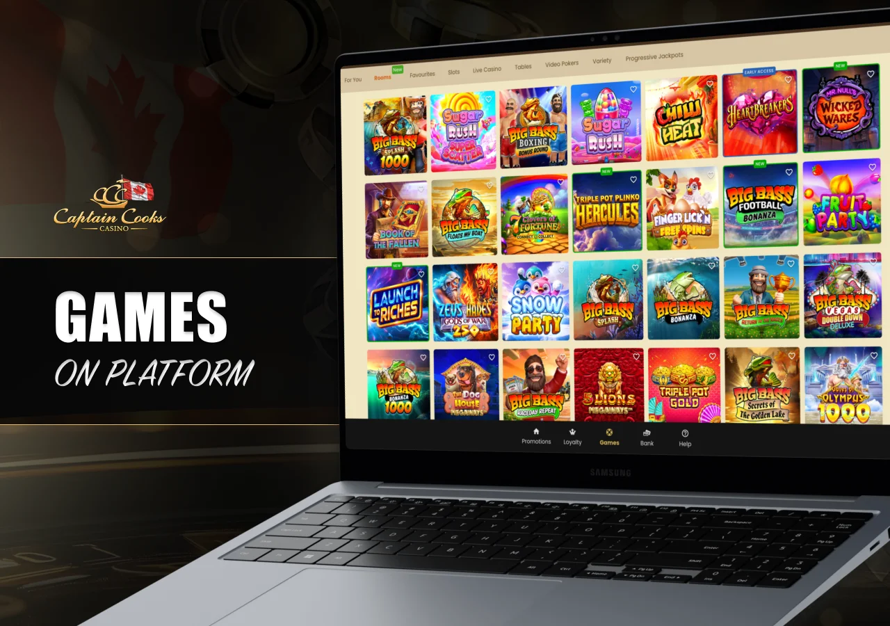 Selection of casino games at Captain Cooks including slots and table classics